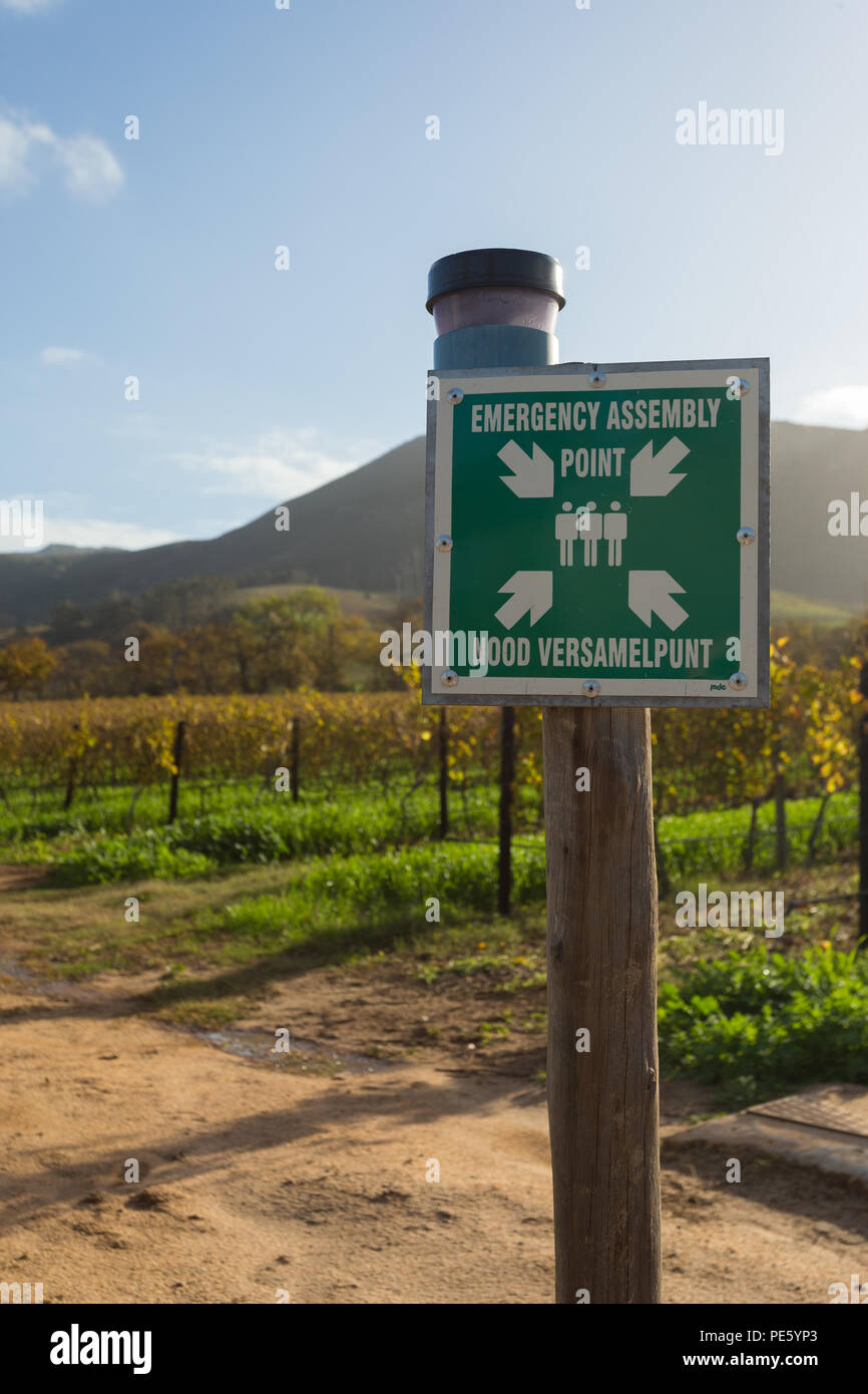 Segnaletica o segnaletica esterna che mostra le informazioni di sicurezza per l'evacuazione di emergenza in un punto di raccolta di una tenuta vinicola in Sud Africa Foto Stock