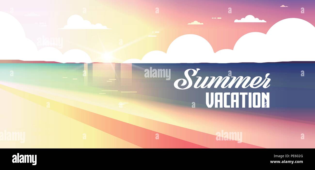Sunset beach vista vacanze estate mare oceano mare piatto lettering banner Illustrazione Vettoriale