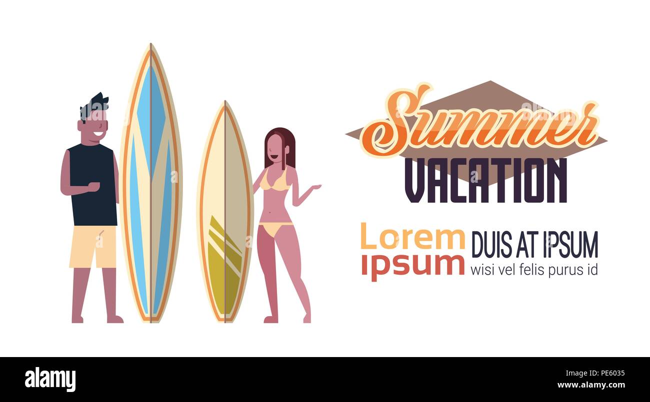 Surfer matura la vacanza estiva uomo donna tavola da surf isolato sfondo bianco spazio copia flat Illustrazione Vettoriale