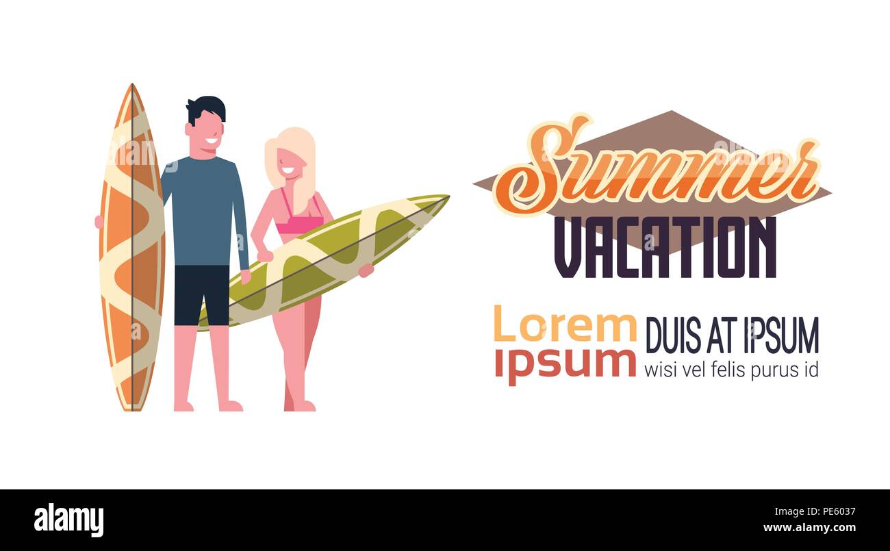 Surfer matura la vacanza estiva uomo donna tavola da surf isolato sfondo bianco spazio copia flat Illustrazione Vettoriale
