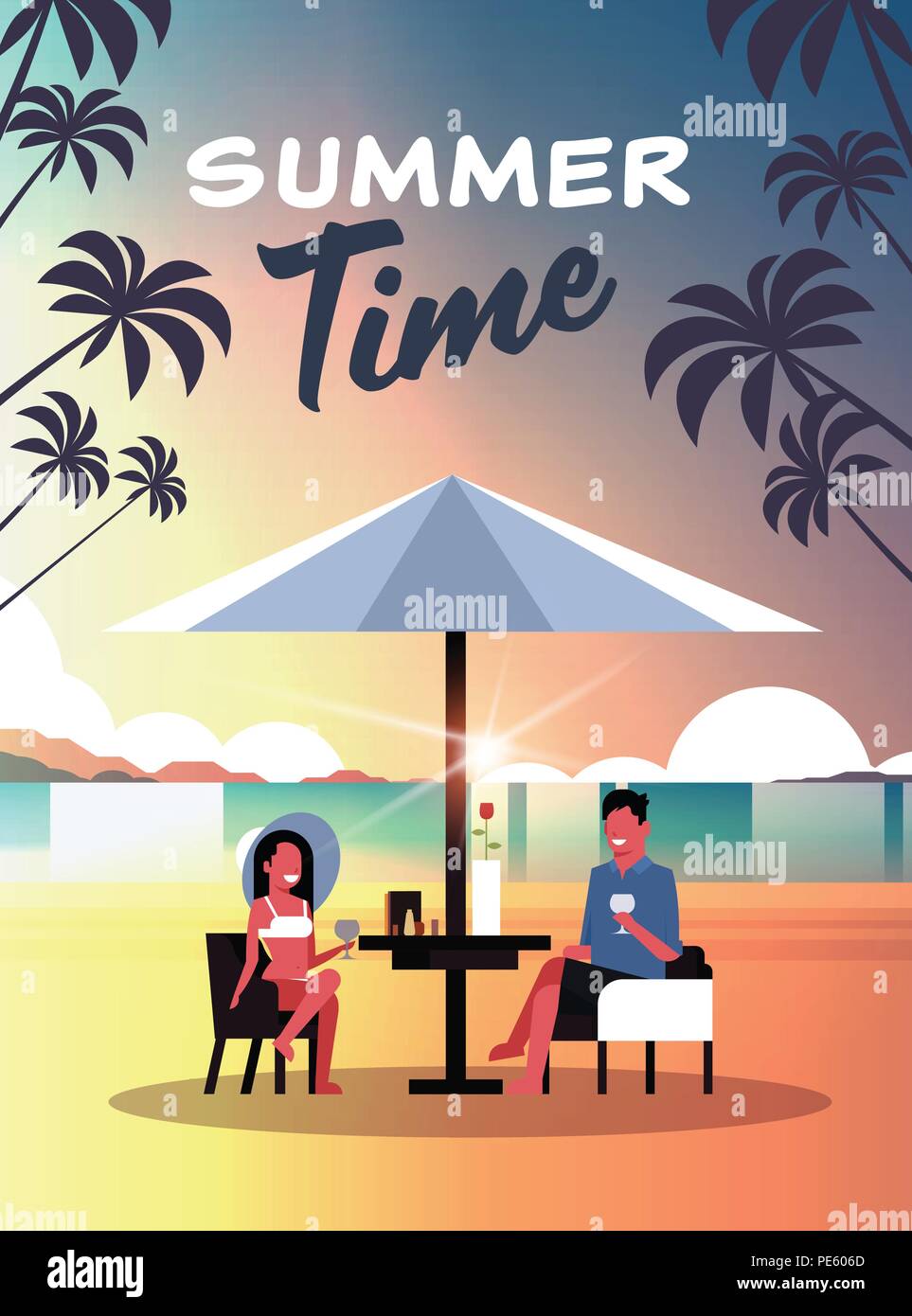 Accoppiare la vacanza estiva uomo donna bere vino ombrellone in spiaggia al tramonto tropicale isola piana verticale Illustrazione Vettoriale