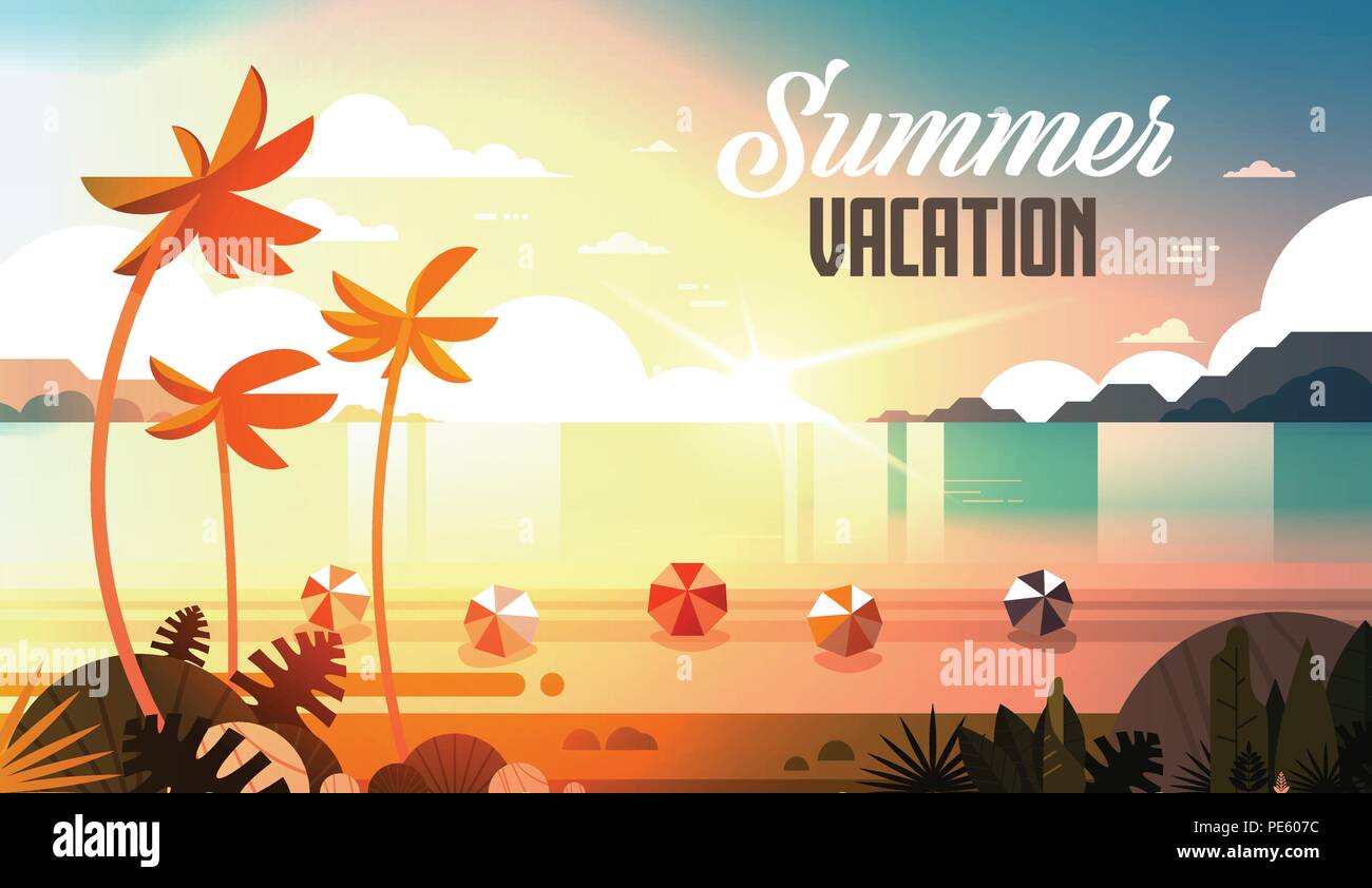 Sunset tropical palm beach sfere vista vacanze estate mare oceano orizzontale piana scritte Illustrazione Vettoriale