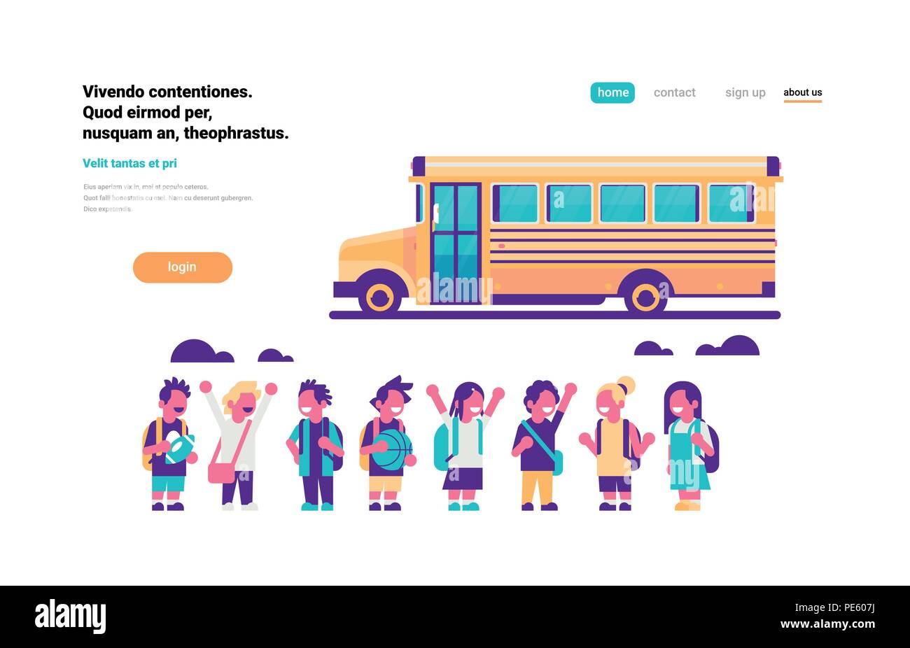 Gruppo di alunni i bambini su giallo scuola bus dei trasporti concetto su sfondo bianco copia piana orizzontale dello spazio Illustrazione Vettoriale