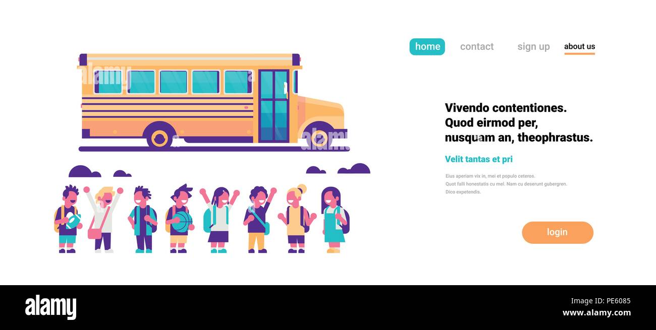 Gruppo di alunni i bambini su giallo scuola bus dei trasporti concetto su sfondo bianco piatto spazio Copia banner Illustrazione Vettoriale