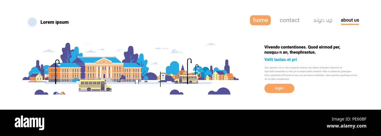 Autobus gialli di fronte all edificio della scuola allievi esterni dei trasporti concetto su sfondo bianco banner piatta Illustrazione Vettoriale