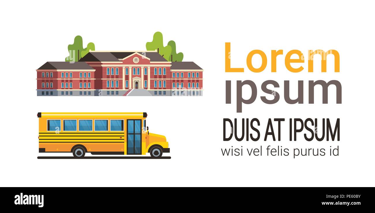 Bus giallo edificio scolastico degli alunni il concetto di trasporto 1 settembre isolato sfondo bianco piana orizzontale e spazio di copia Illustrazione Vettoriale