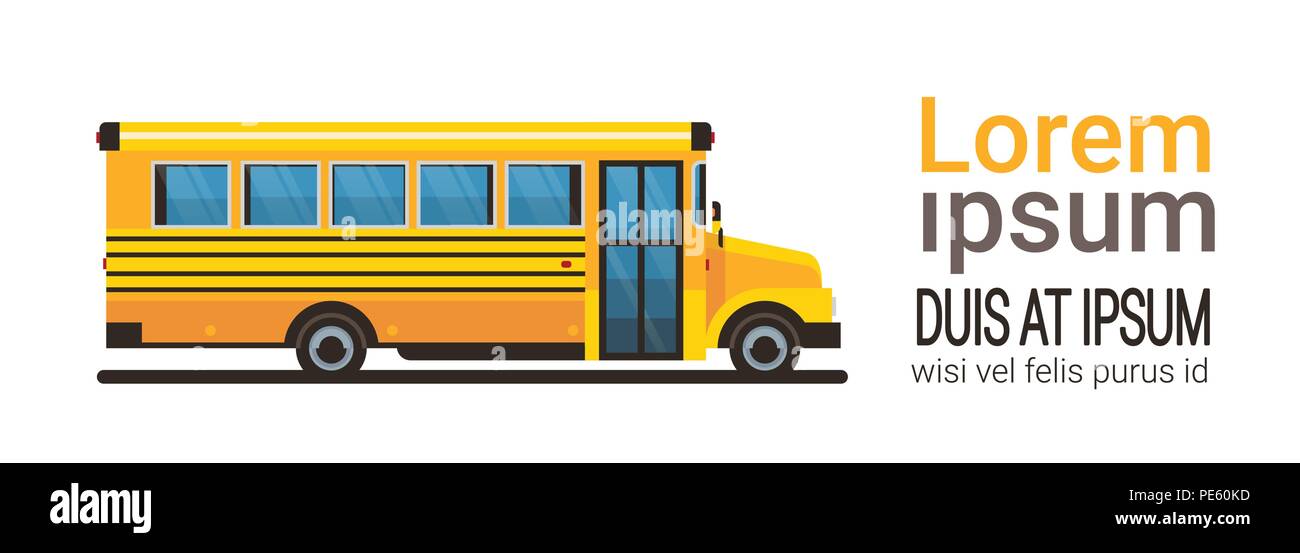 Autobus gialli si torna a scuola gli alunni il concetto di trasporto su sfondo bianco piatto spazio Copia banner Illustrazione Vettoriale