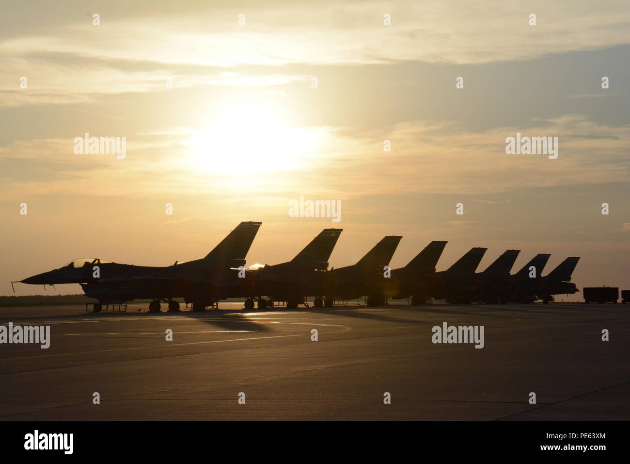 Otto F-16 Fighting Falcon fighter aircraft dal Wisconsin Air National Guard's 115Fighter Wing adornano la rampa di aeromobili a Łask Air Base, Polonia, durante la U.S. Il distacco di aviazione rotazione 15-4. La formazione annuale esercizio ospitato dal Av-Det è progettato per migliorare la difesa bilaterali i legami tra la Polonia e gli Stati Uniti, rafforzando al contempo l'interoperabilità degli alleati della NATO. (U.S. Air National Guard Foto di Master Sgt. Paul Gorman/rilasciato) Foto Stock