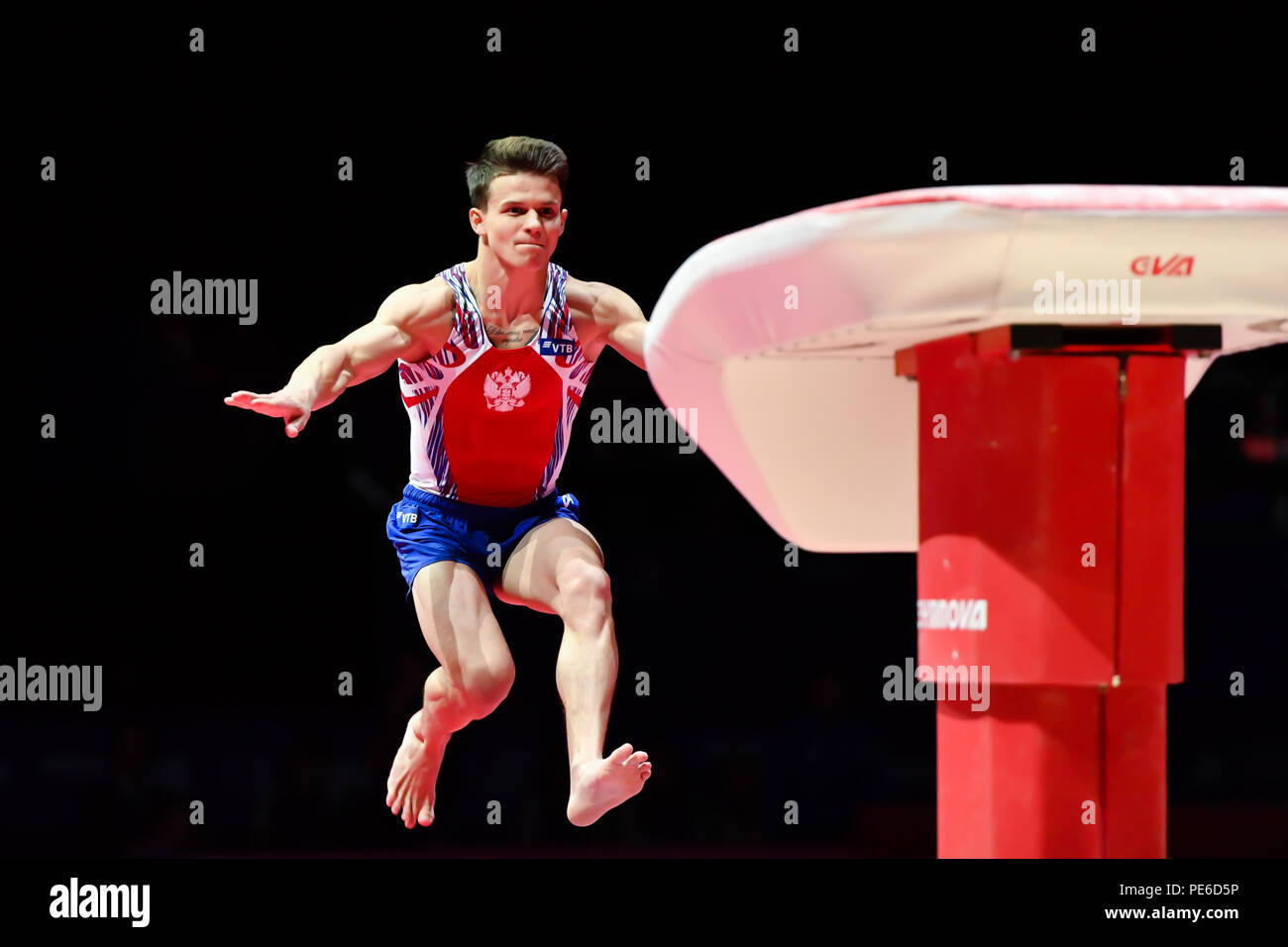 Glasgow, Scotland, Regno Unito. Il 12 agosto 2018. Dmitrii LANKIN (RUS) compete sulla volta in uomini di Ginnastica Artistica finali apparecchiatura durante i Campionati Europei Glasgow 2018 al SSE Idro Domenica, 12 agosto 2018. GLASGOW Scozia. Credito: Taka G Wu Foto Stock