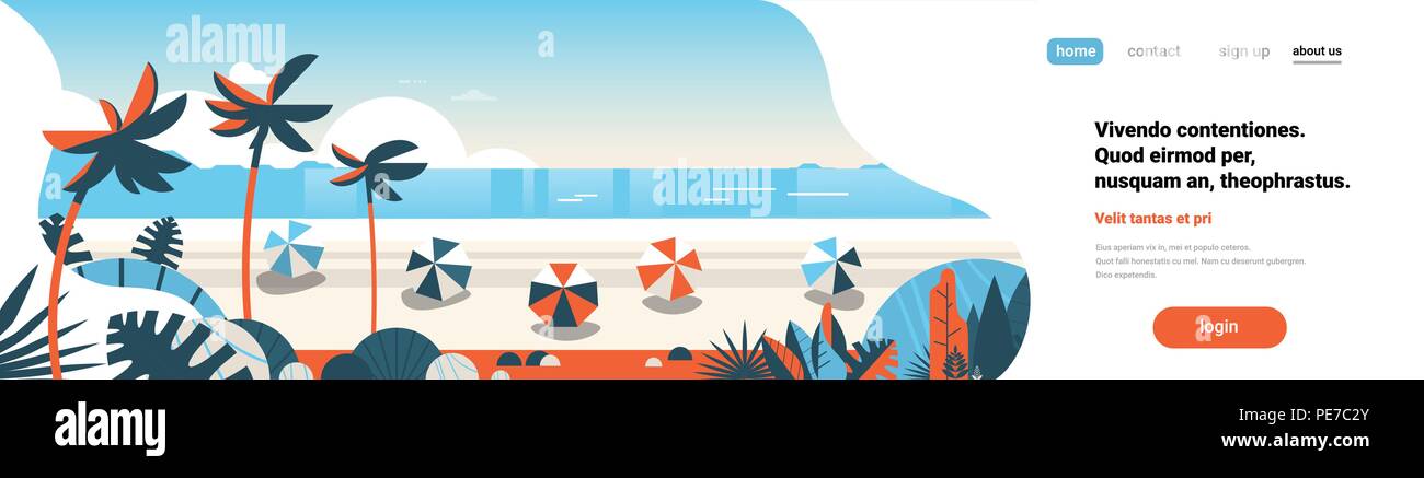 Sunrise tropical palm beach sfere Estate Mare Vacanze Sfondo oceano mare vista orizzontale piana banner spazio di copia Illustrazione Vettoriale