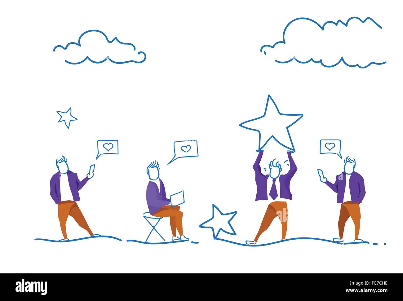 Uomo con la gente delle stelle utilizza lo smartphone social media come icone di cuore gli uomini gli abbonati seguaci concetto schizzo doodle orizzontale illustrazione vettoriale Illustrazione Vettoriale