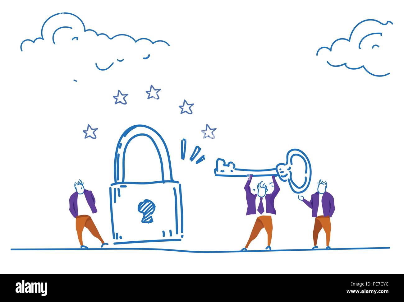 Imprenditori tenendo premuto il tasto di sbloccaggio accesso con lucchetto generale della protezione dei dati il Regolamento il PILR server security protezione sopra mano in orizzontale bozzetto doodle Illustrazione Vettoriale