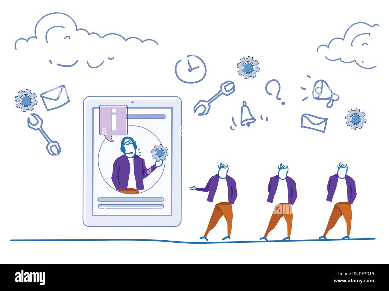 Tablet schermo info uomo segno mobile app nozione di servizio di comunicazione online imprenditori concetto silhouette schizzo orizzontale doodle Illustrazione Vettoriale