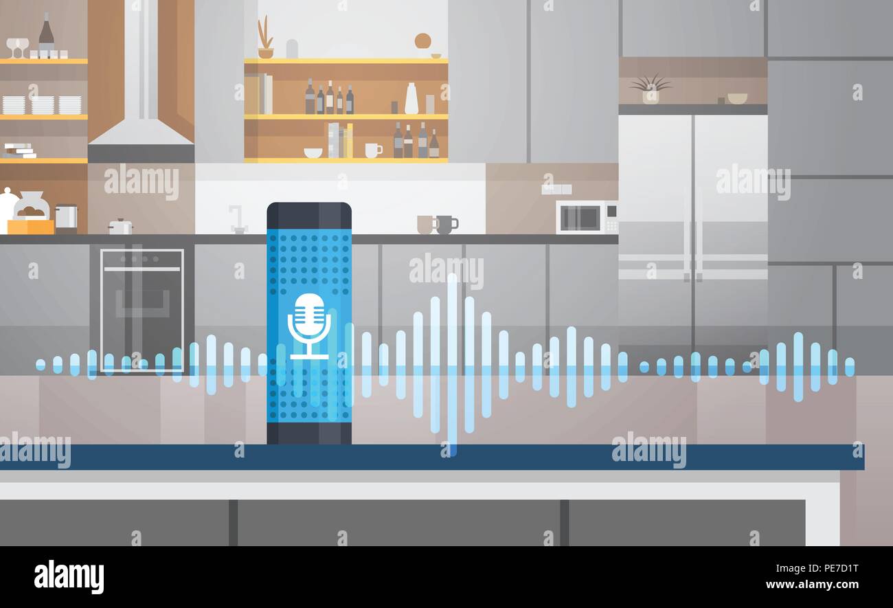 Home intelligente di voce assistente attivata la tecnologia di riconoscimento della cucina il concetto di fondo interna ia smart speaker hi tech futuristico di intelligenza artificiale discorso piana orizzontale Illustrazione Vettoriale