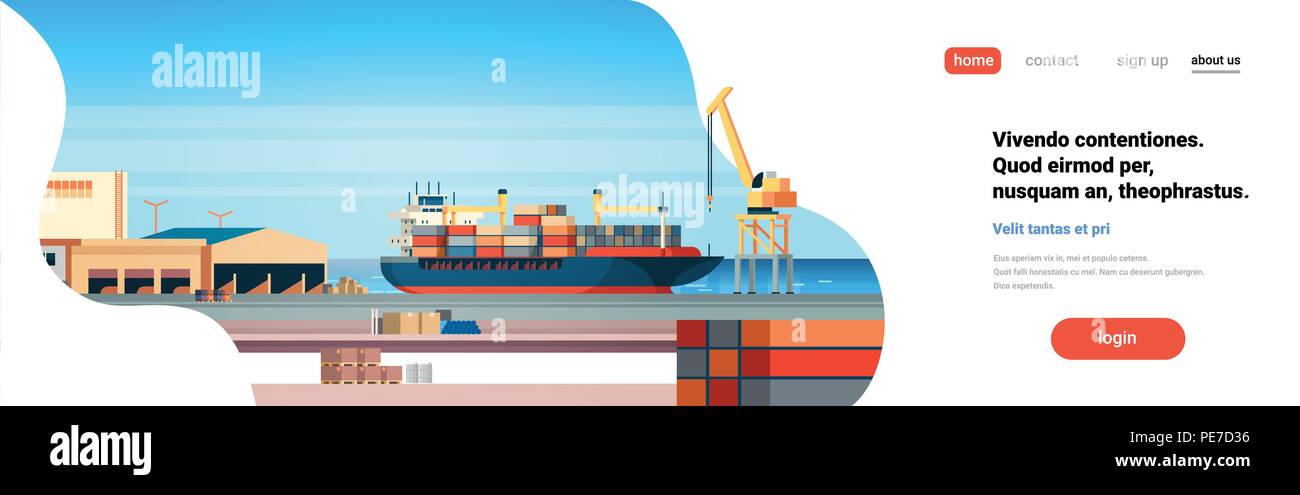 Industriale di porto di mare cargo logistica container import export nave merci gru di erogazione di acqua il concetto di trasporto spedizioni dock orizzontale piana banner Illustrazione Vettoriale