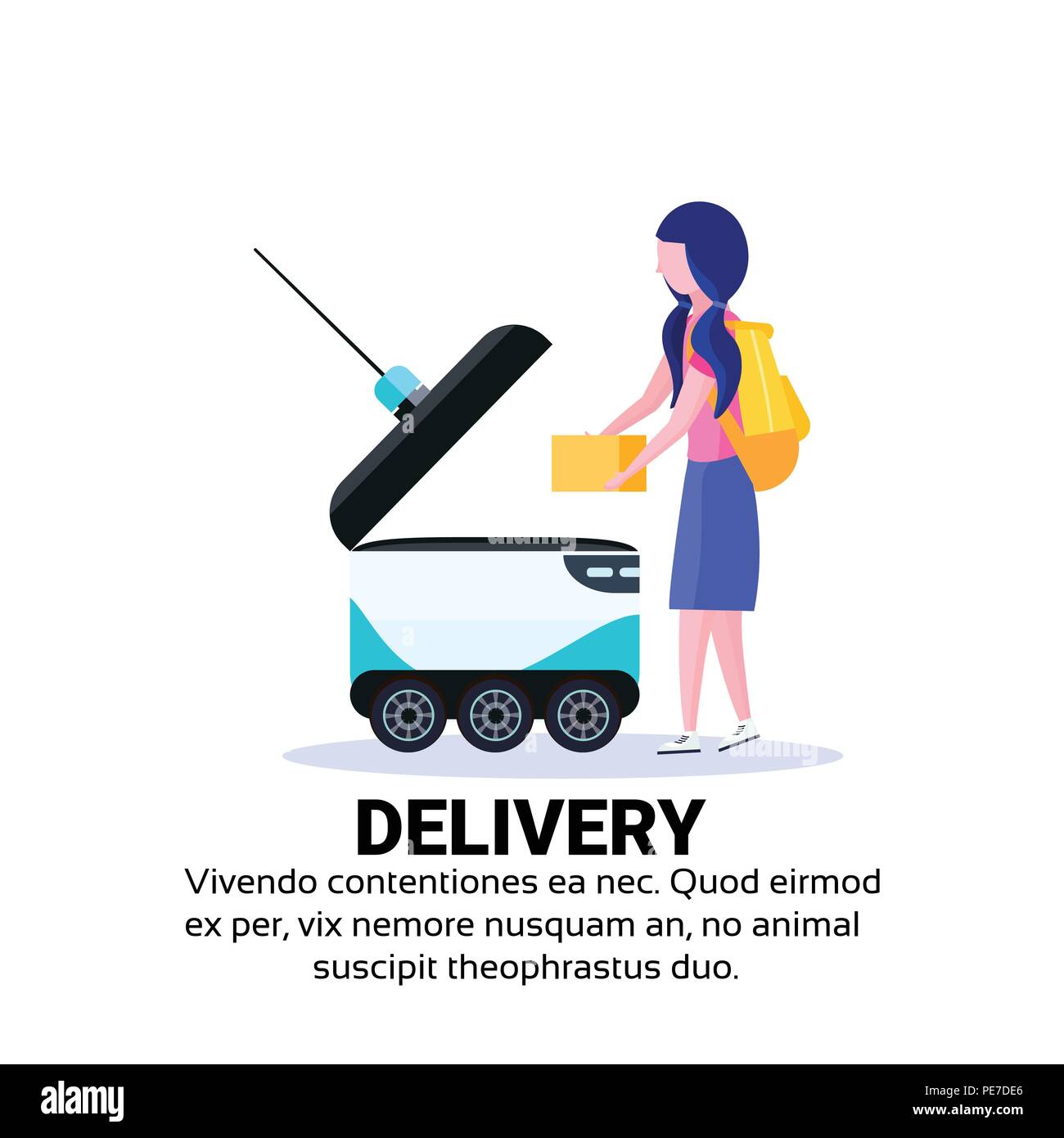 Ragazza casella caricamento robot self drive fast consegna merci in città auto portano robotico concetto isolato spazio copia flat Illustrazione Vettoriale