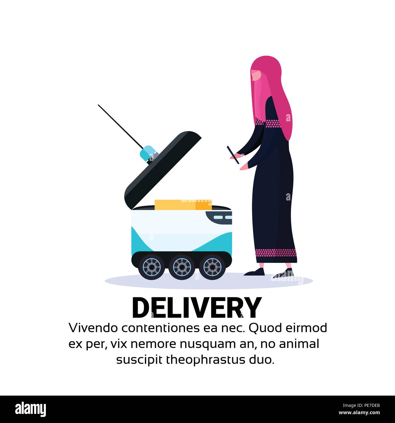 La donna araba casella caricamento robot self drive fast consegna merci in città auto portano robotico concetto isolato spazio copia flat Illustrazione Vettoriale