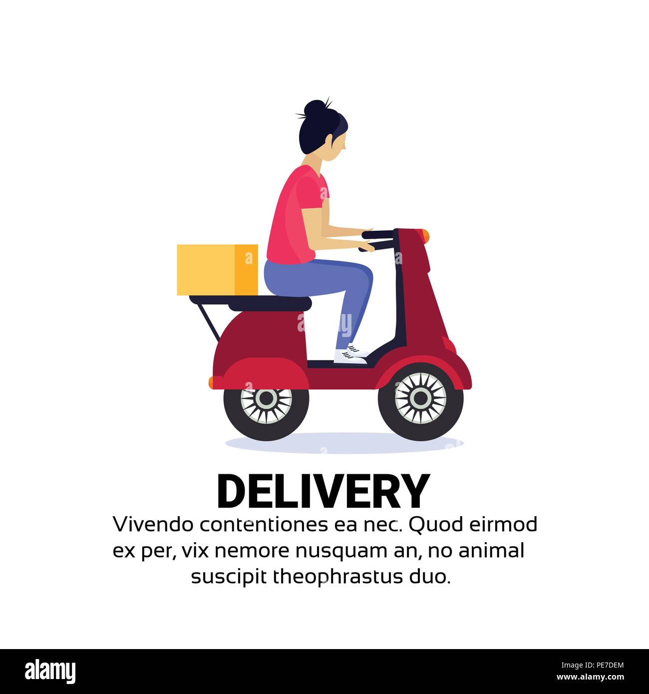 Consegna asiatica donna ride scooter box concetto fast free trasporto motocicli isolato spazio copia flat Illustrazione Vettoriale