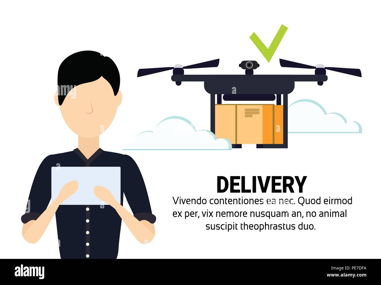 Uomo asiatico operatore drone battenti tag geo aria di mandata pacchetto applicazione mobile spedizione portano quadcopter isolato di navigazione piana orizzontale dello spazio di copia Illustrazione Vettoriale