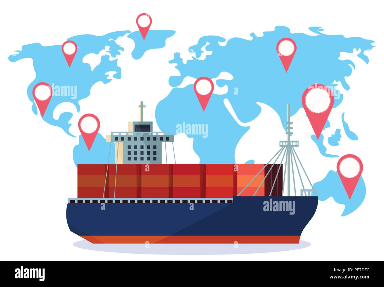 Industrial noli marittimi nave cargo logistica container mappa Mondo geo navigazione tag import export di erogazione di acqua il concetto di trasporto spedizioni internazionali orizzontale piana Illustrazione Vettoriale