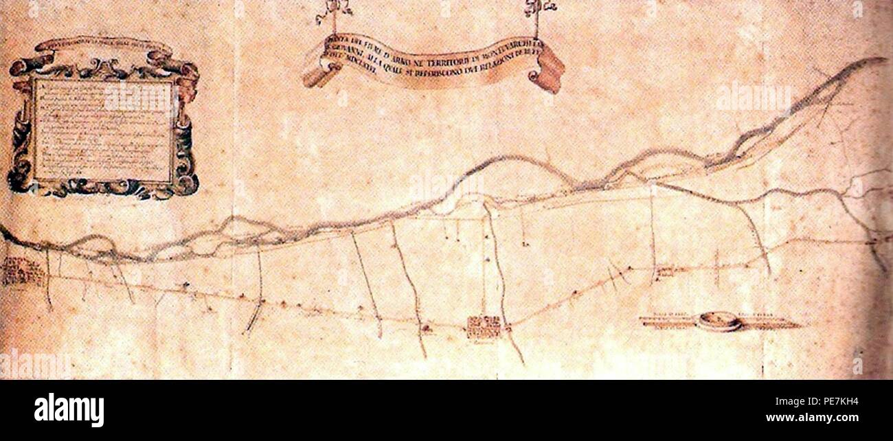 Fiume Arno a Montevarchi e San Giovanni Valdarno in una mappa del 1676. Foto Stock