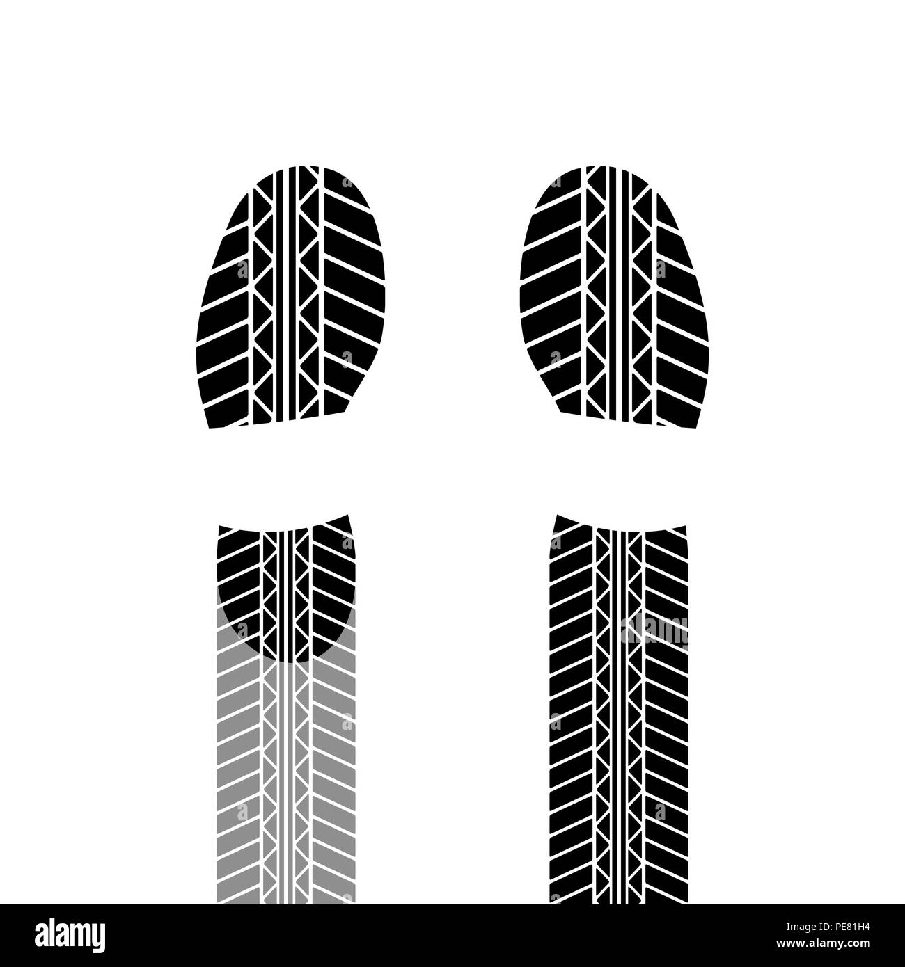 Scarpe e pneumatico via sagome isolati su sfondo bianco Illustrazione Vettoriale