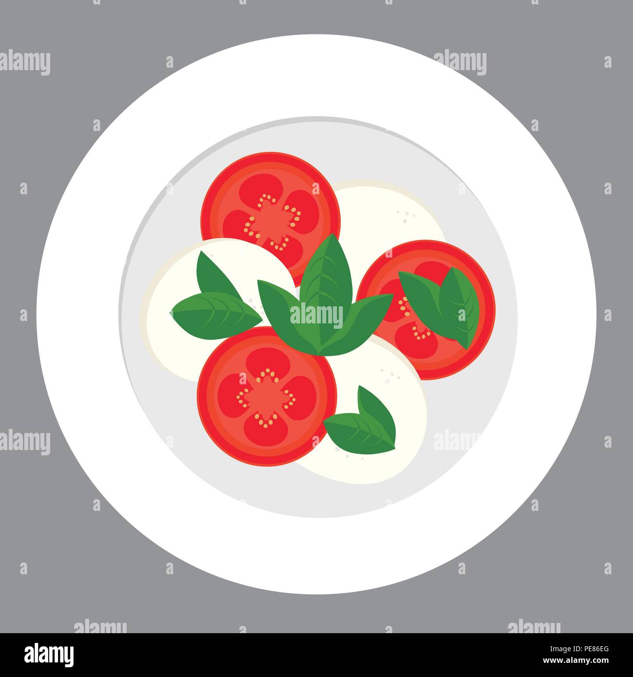 Porcellana Bianca piastra con le fette di pomodoro, mozzarella e il verde del basilico in foglie, Caprese - vettore, design piatto Illustrazione Vettoriale