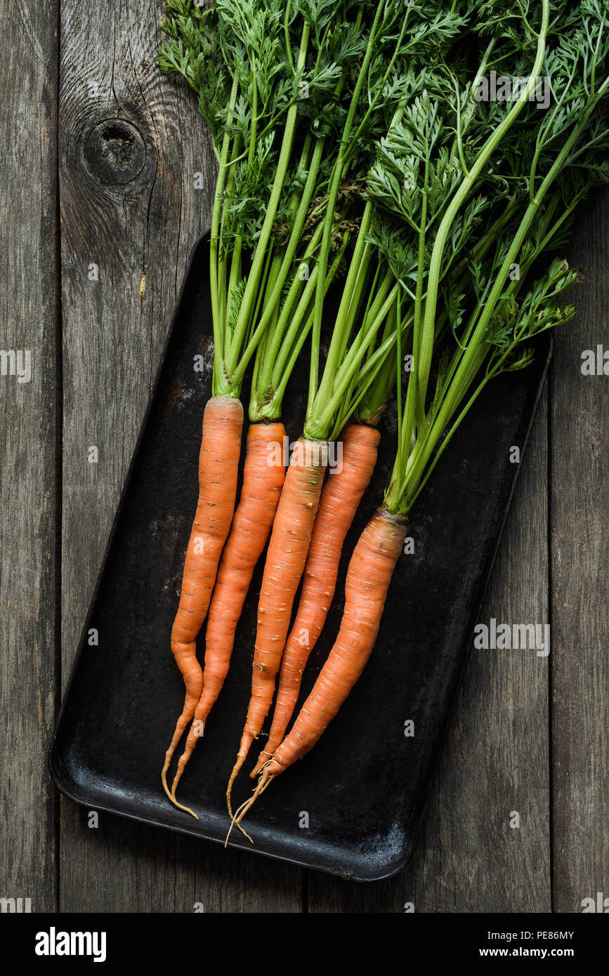 Le carote con cime di verde, fattoria fresco raccolto cibo. Tabella vista superiore Foto Stock