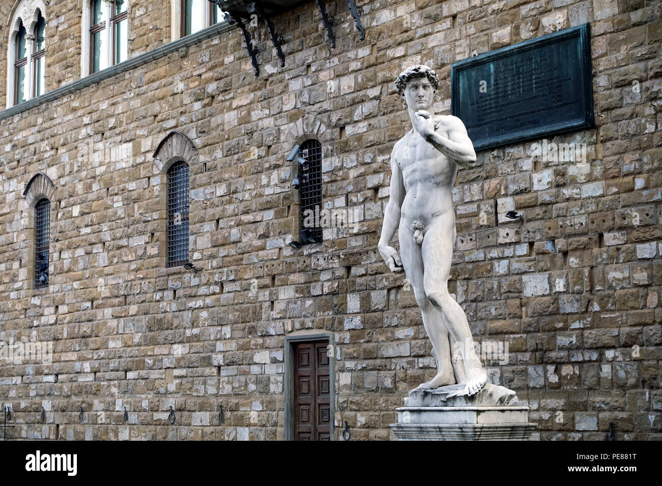 Grande colpo di David di Michelangelo statua replica in Piazza della Signoria, Firenze, Toscana, Italia Foto Stock