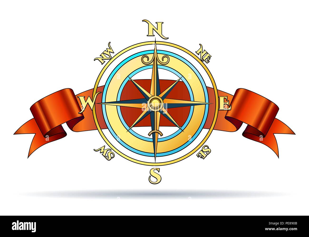 Rosa dei Venti Golden compasso nautico con nastro rosso. Illustrazione Vettoriale. Illustrazione Vettoriale