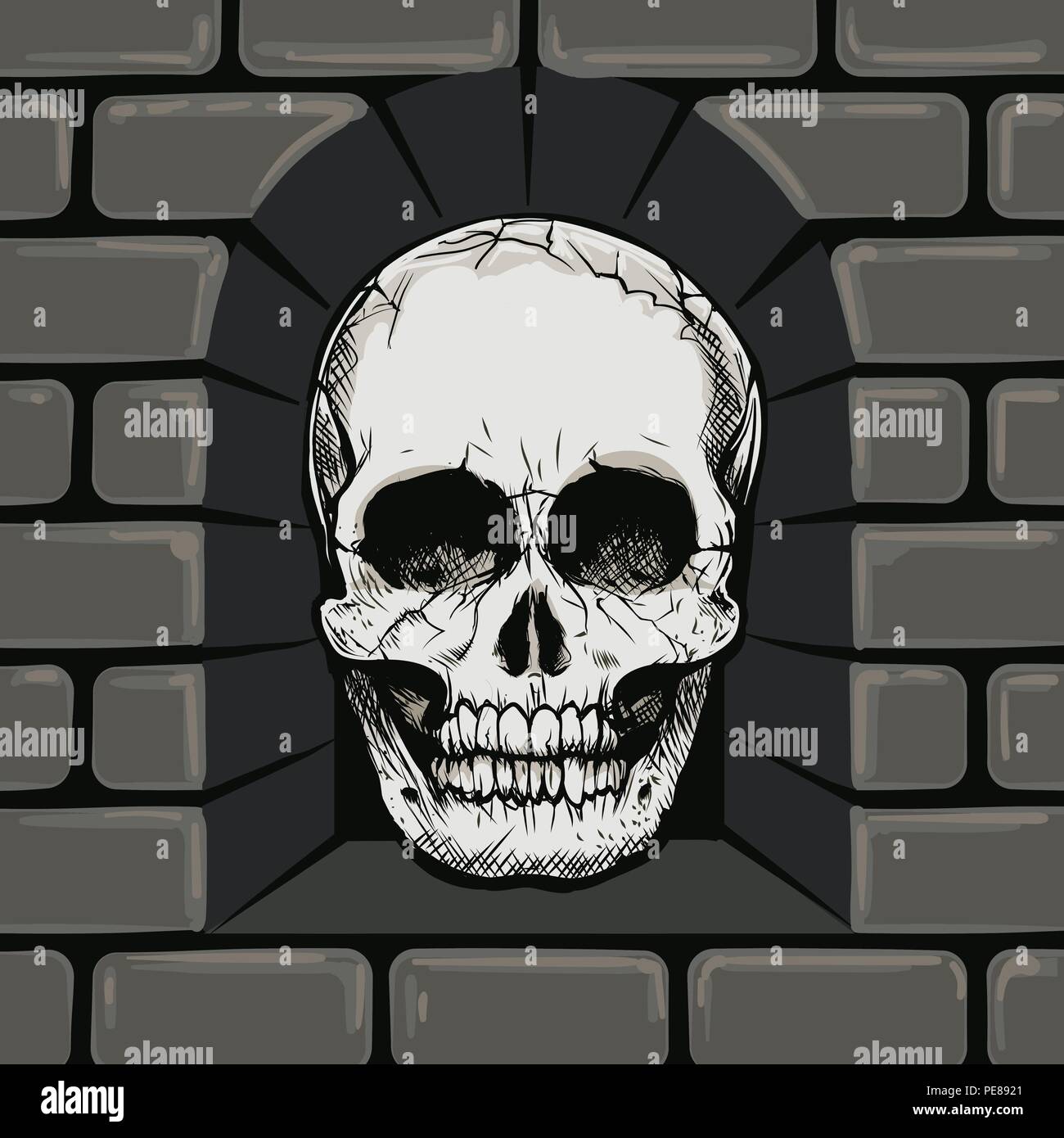 Disegnata a mano cranio nel muro di pietra nicchia. Illustrazione Vettoriale. Illustrazione Vettoriale