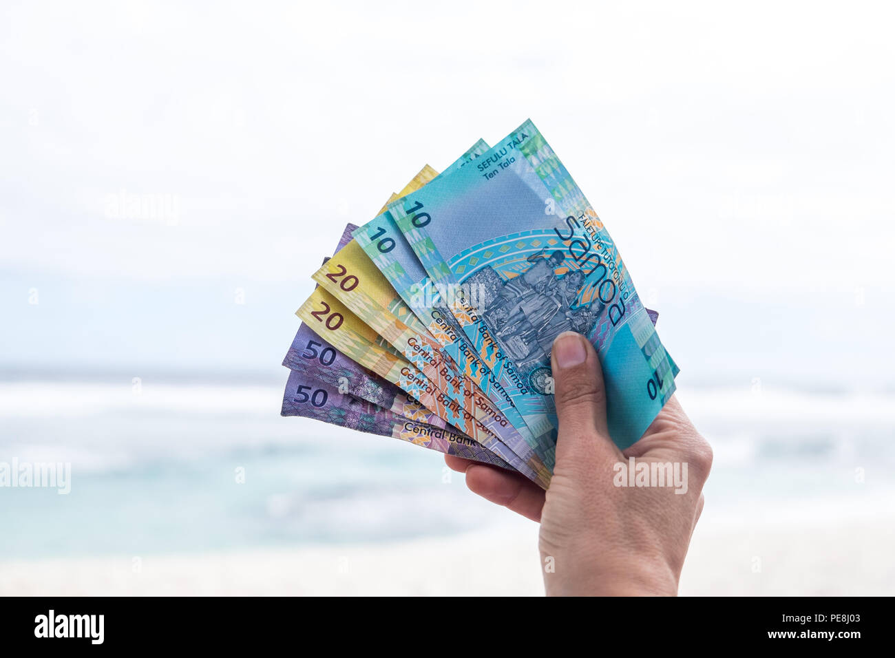 Il samoano Tala valuta (WST) - lato destro tenendo colorato banconote da Western Samoa nel Pacifico del Sud Foto Stock