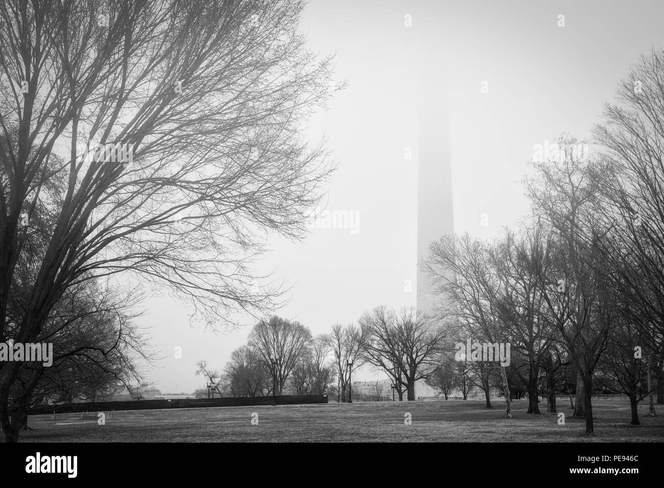 Un nebbioso giorno vicino al Monumento di Washington in DC. Foto Stock