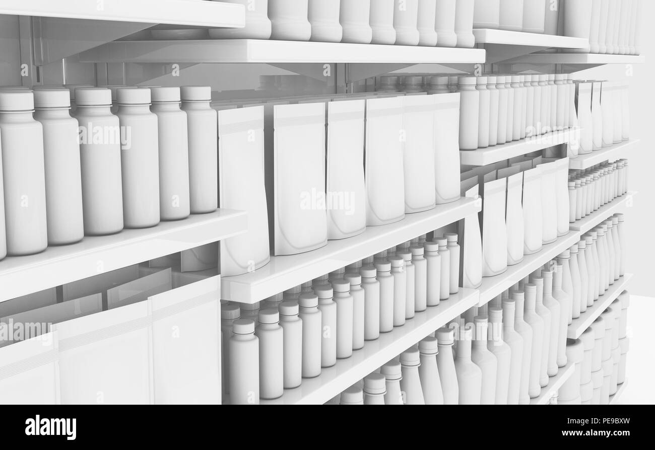 Una vista insaturo di un paio di sezioni di uno scaffale di supermercato  ricco di generici prodotti consumabili - 3D render Foto stock - Alamy