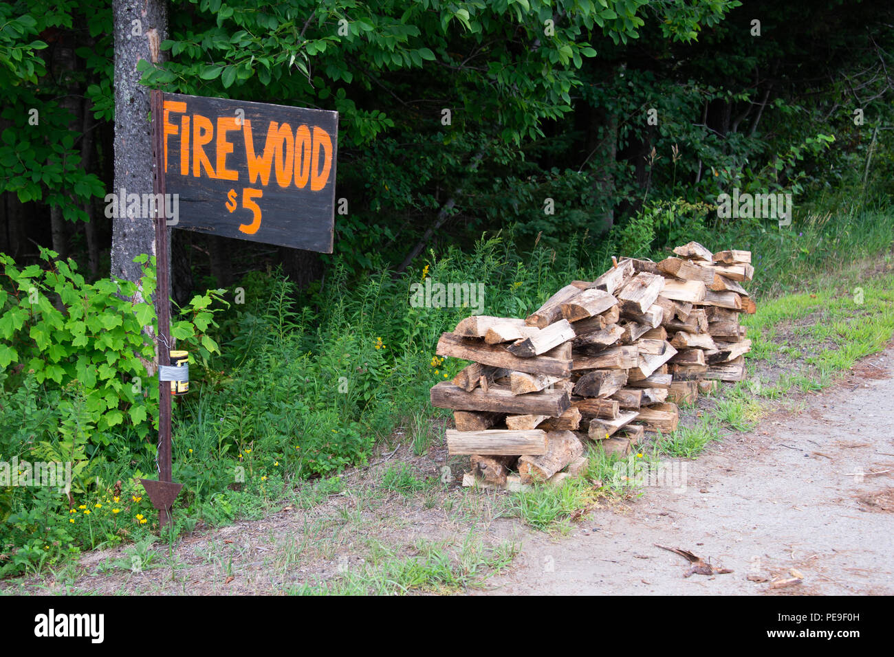 Pile per tagliare split legna per la vendita a fianco del marciapiede in speculatore, NY USA con un segno e un caffè può raccogliere denaro., onorare il concetto di sistema Foto Stock