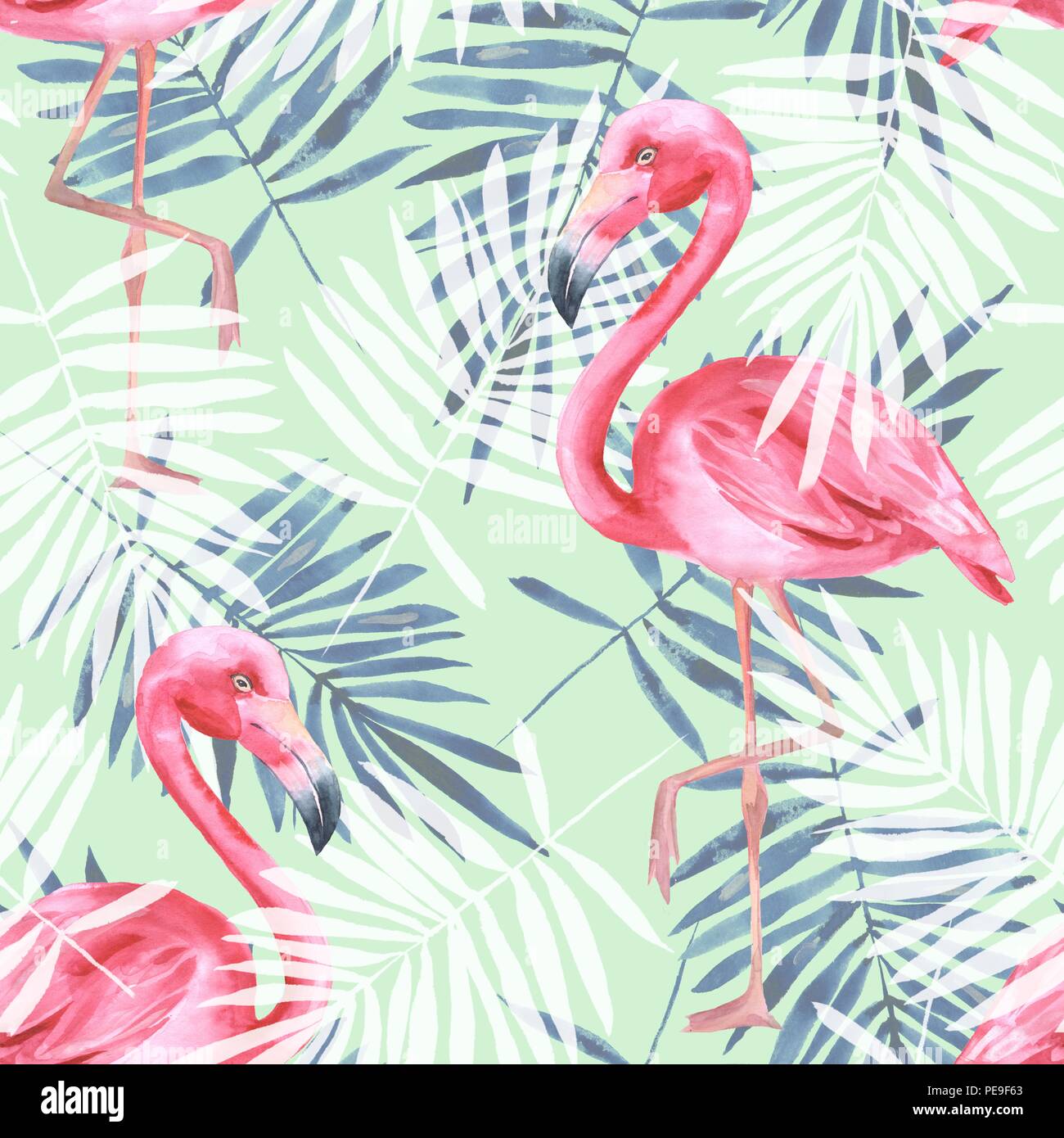 Tropical seamless pattern con i fenicotteri e foglie di palmo. Illustrazione ad acquerello Foto Stock