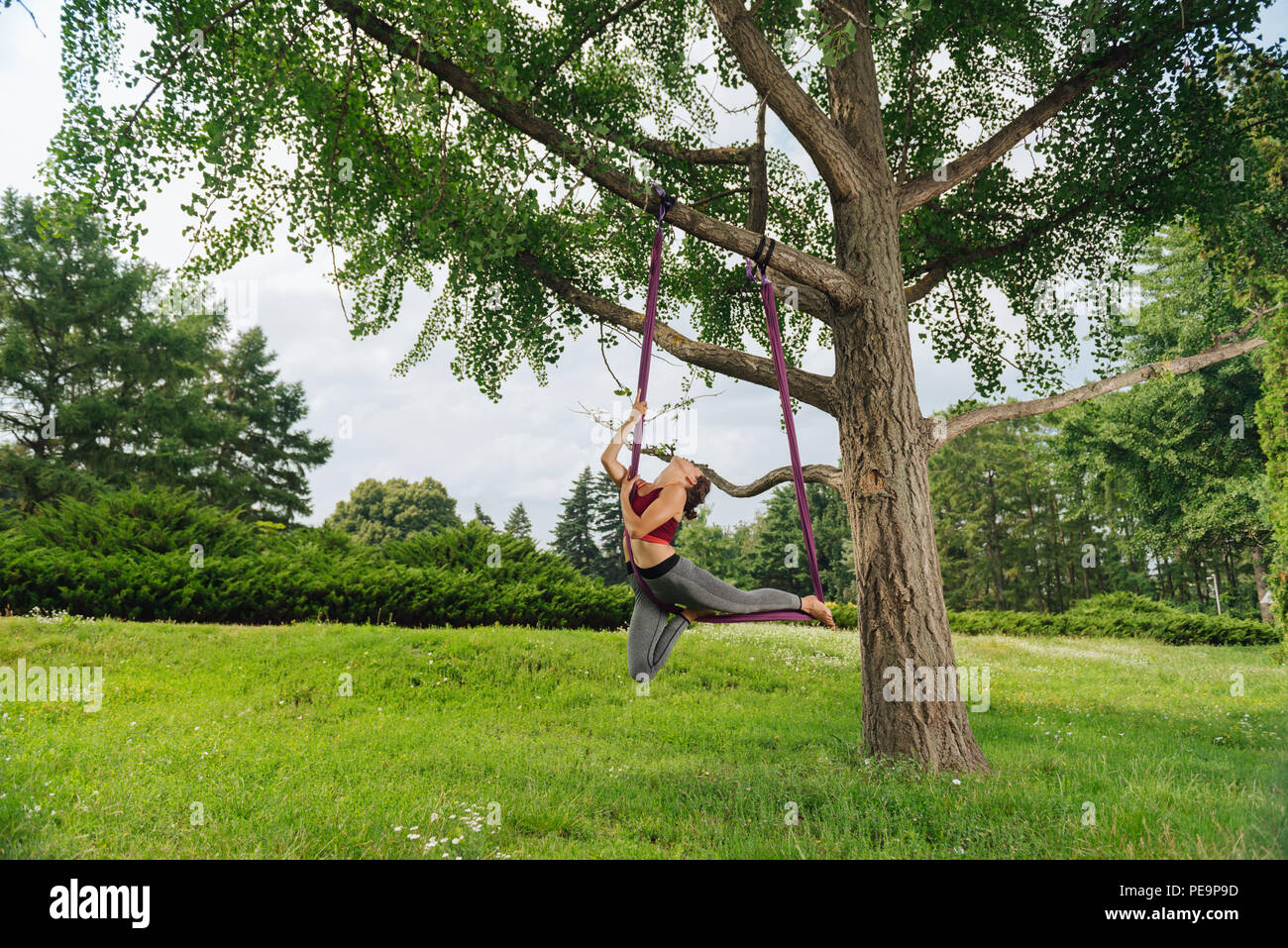 Montare atletica donna esecuzione anti-gravità asana nella natura Foto Stock