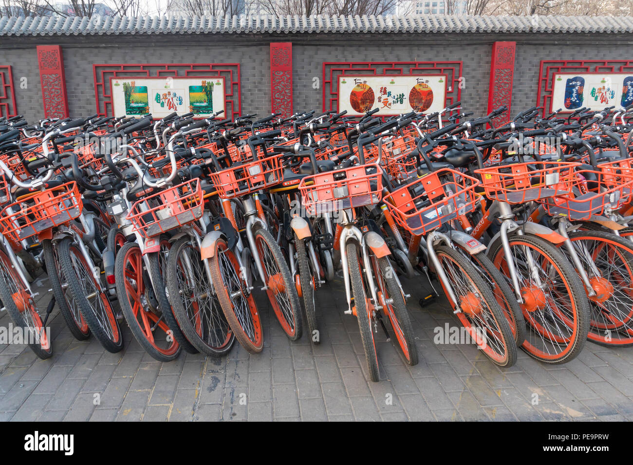 Vista di un grande gruppo di noleggio di biciclette a Pechino Foto Stock