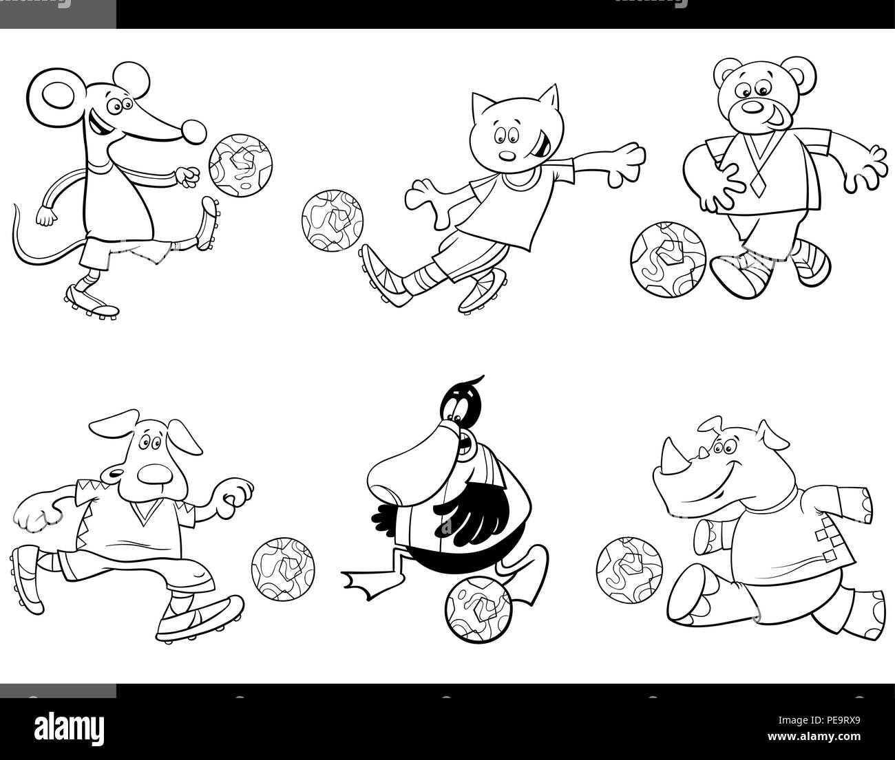 Bianco e Nero Cartoon illustrazioni di animali il calcio o il giocatore di calcio caratteri con sfere di pagina di colorazione Illustrazione Vettoriale