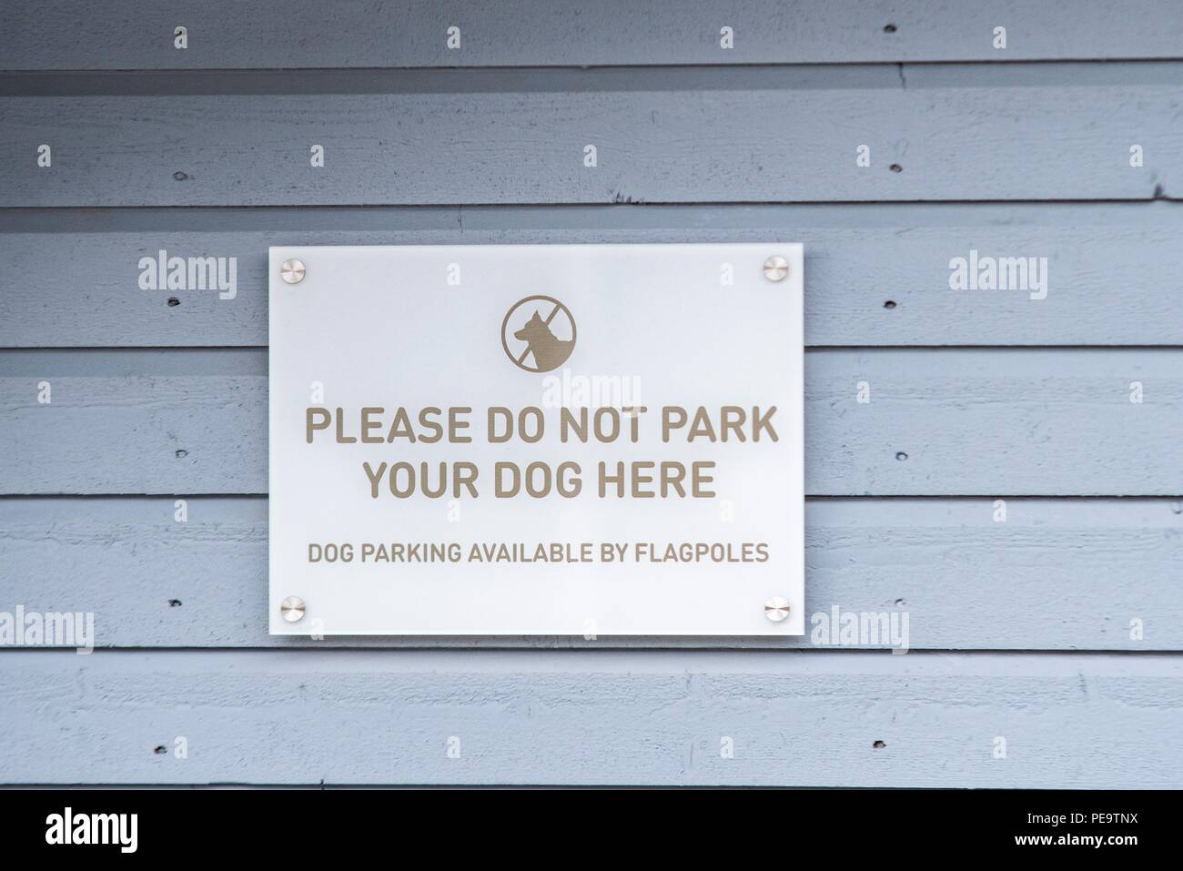 Non parcheggiare i vostri cani qui segno, sul lato di un hotel, una differenza nello stile di vita, dove i cani sono essenziali il trasporto quando i mesi invernali provengono Foto Stock