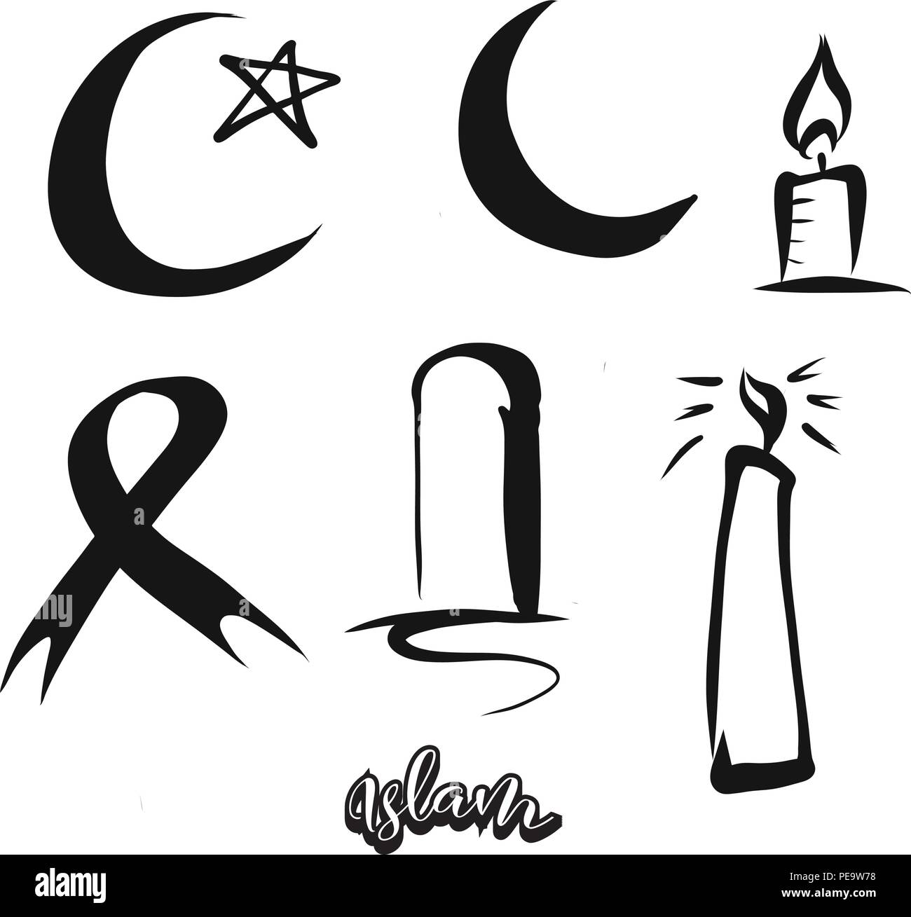 Set di disegnati a mano i simboli di Islam. Vari religiosi simboli storici dipinti a mano. Disegno vettoriale. Illustrazione Vettoriale
