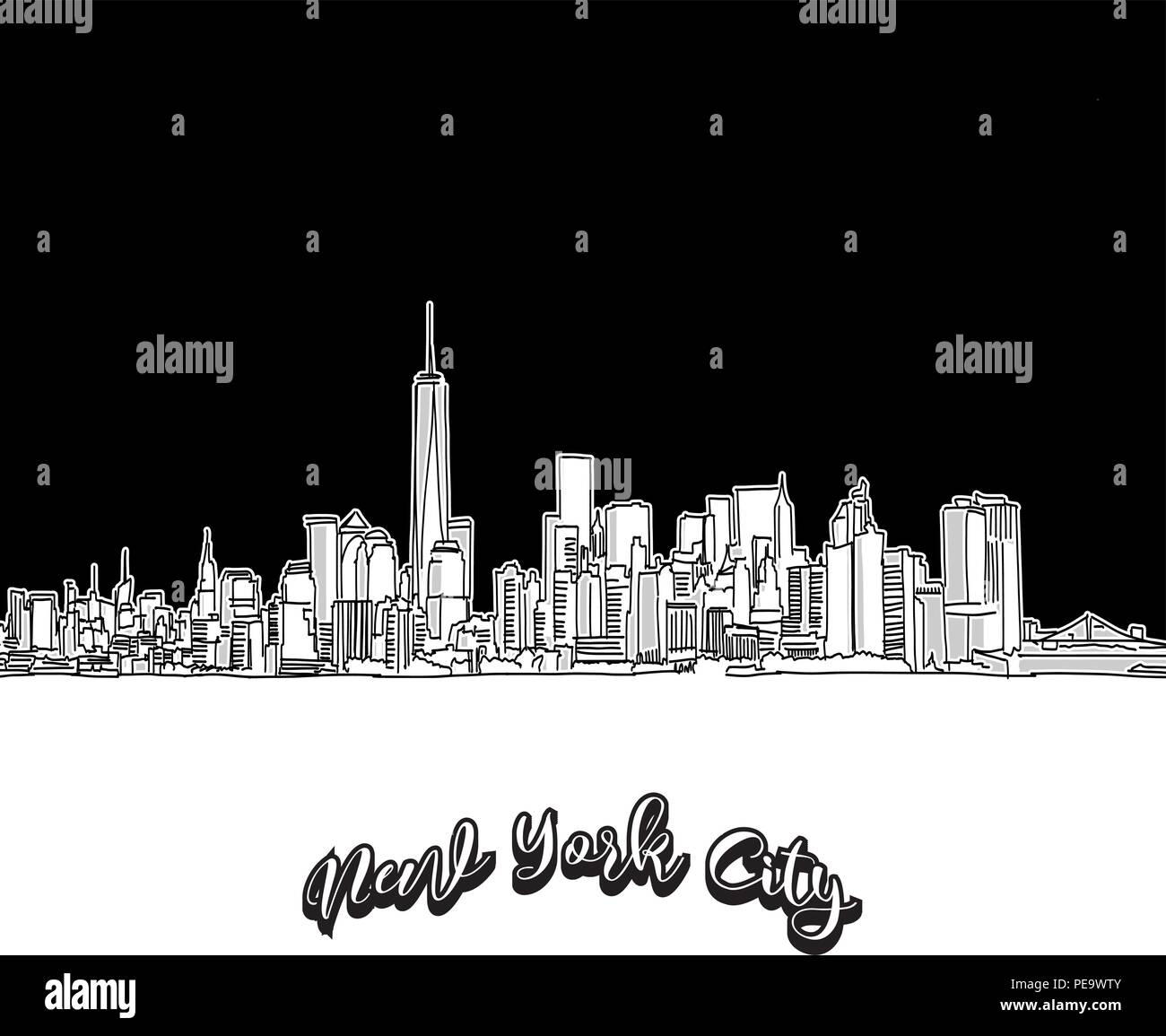 Vettore di disegno della città di New York skyline, contorno. Stati Uniti d'America travel landmark. In bianco e nero il coperchio e il concetto di sfondo. Illustrazione Vettoriale