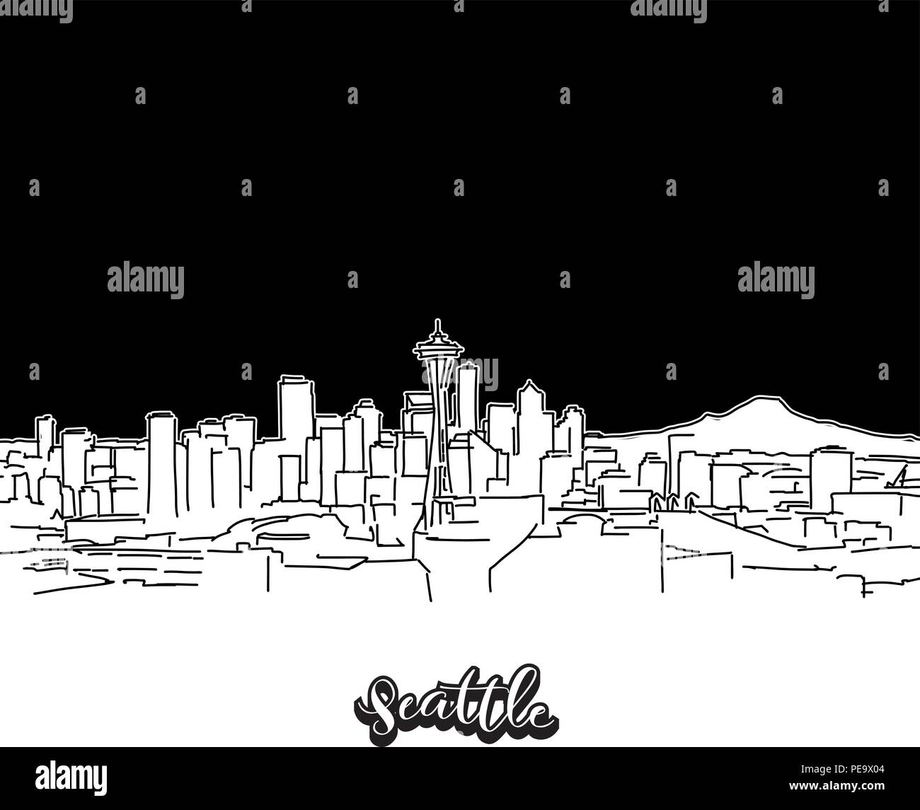Lo skyline di Seattle, contorno. Vettore di disegno della skyline, contorno, STATI UNITI D'AMERICA. Bianco e nero illustrazione del concetto. Illustrazione Vettoriale