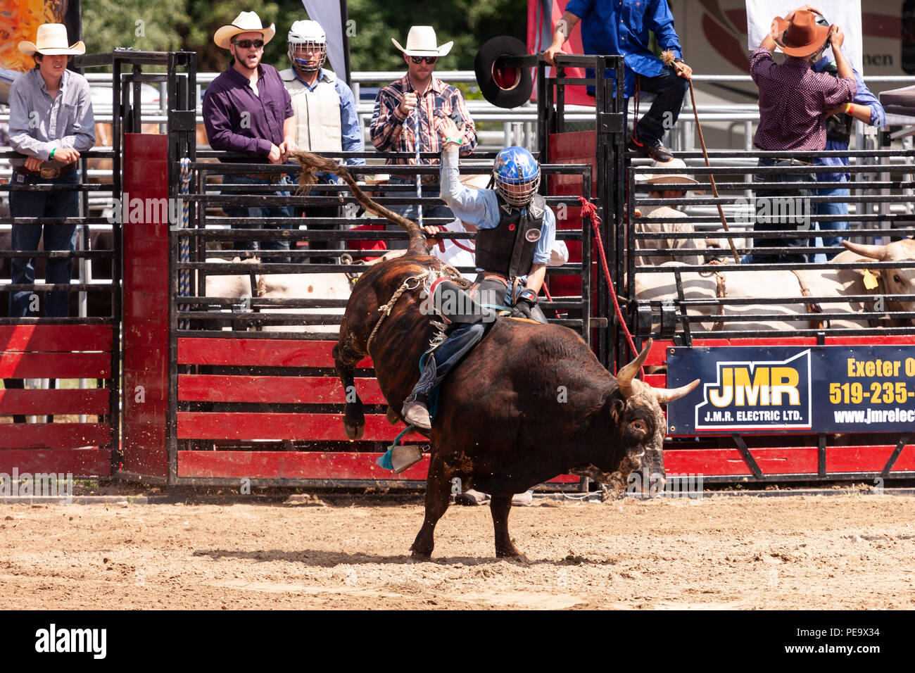 Cowboy professionisti competere nel toro di equitazione parte del 2018 Ram Rodeo Tour a Exeter, Ontario, Canada. Foto Stock