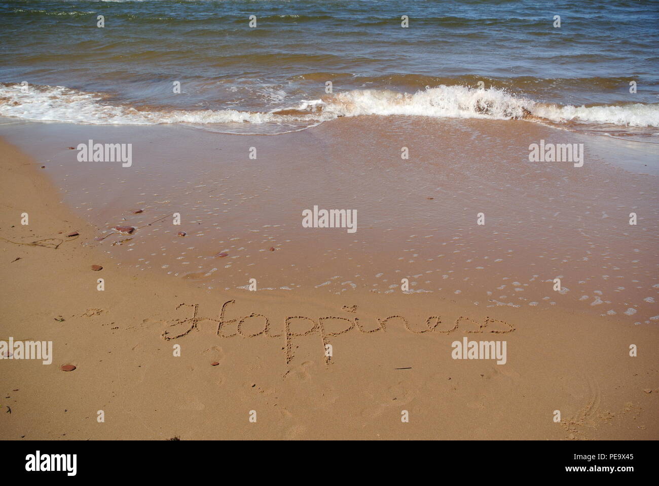 La scomparsa di parola "felicità" splendidamente manoscritta su sabbia rossa su una spiaggia con un'onda proveniente nell'angolo superiore sinistro, Isola del Principe Edoardo Foto Stock
