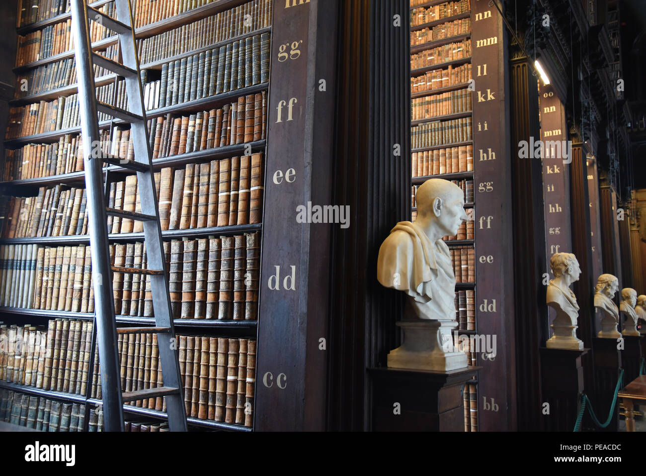 Dublino, Irlanda - 30 Maggio 2017: la sala lunga nella vecchia biblioteca presso il Trinity College di Dublino. Foto Stock