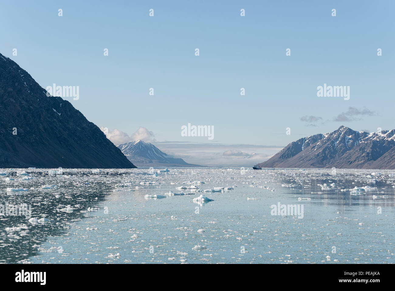 Krossfjorden e Lilliehöökfjorden con ice floes, Svalbard, Norvegia Foto Stock