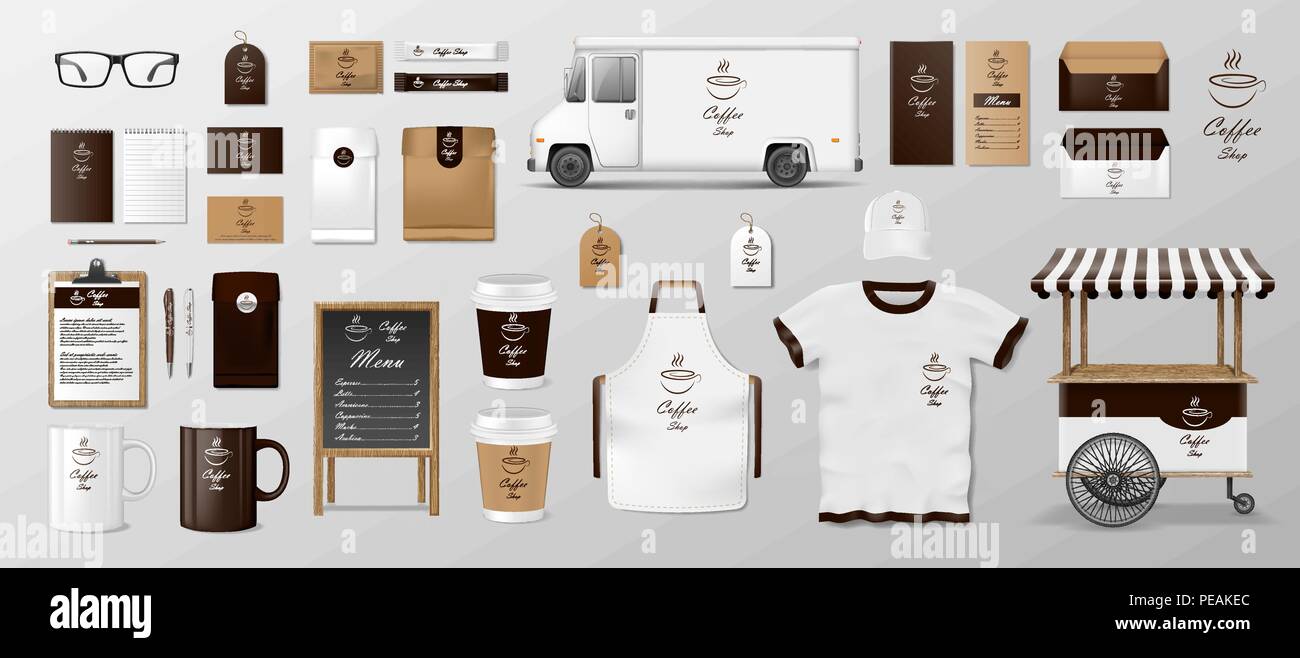 Mockup impostato per la caffetteria, bar o ristorante. Caffè confezione di alimenti per la corporate identity design. Set realistico di cartone, Consegna del cibo carrello, coppa, pack, maglietta, menu Illustrazione Vettoriale