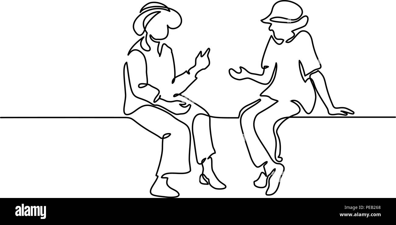 Continuo di un disegno della linea. Seduta di due donne anziane parlando. Illustrazione Vettoriale Illustrazione Vettoriale