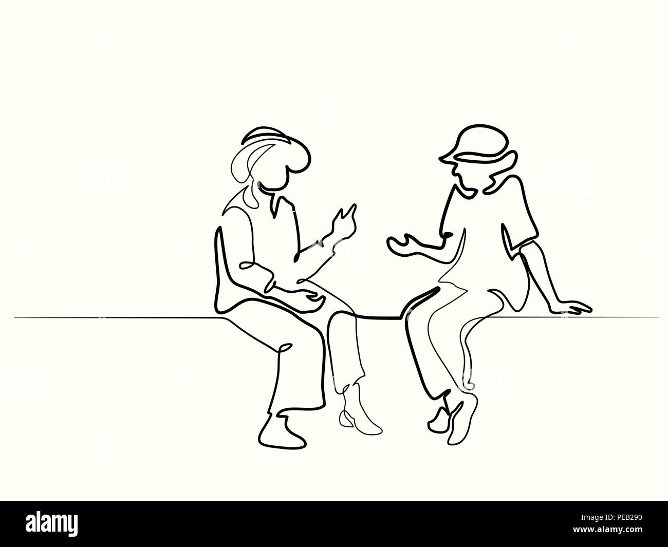Continuo di un disegno della linea. Seduta di due donne anziane parlando. Illustrazione Vettoriale Illustrazione Vettoriale